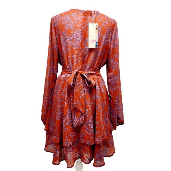 Red Floral Ruffle Hem Wrap Dress  Long Sleeves & Tie Waist By Dokotoo Size S - Picture 4 of 11